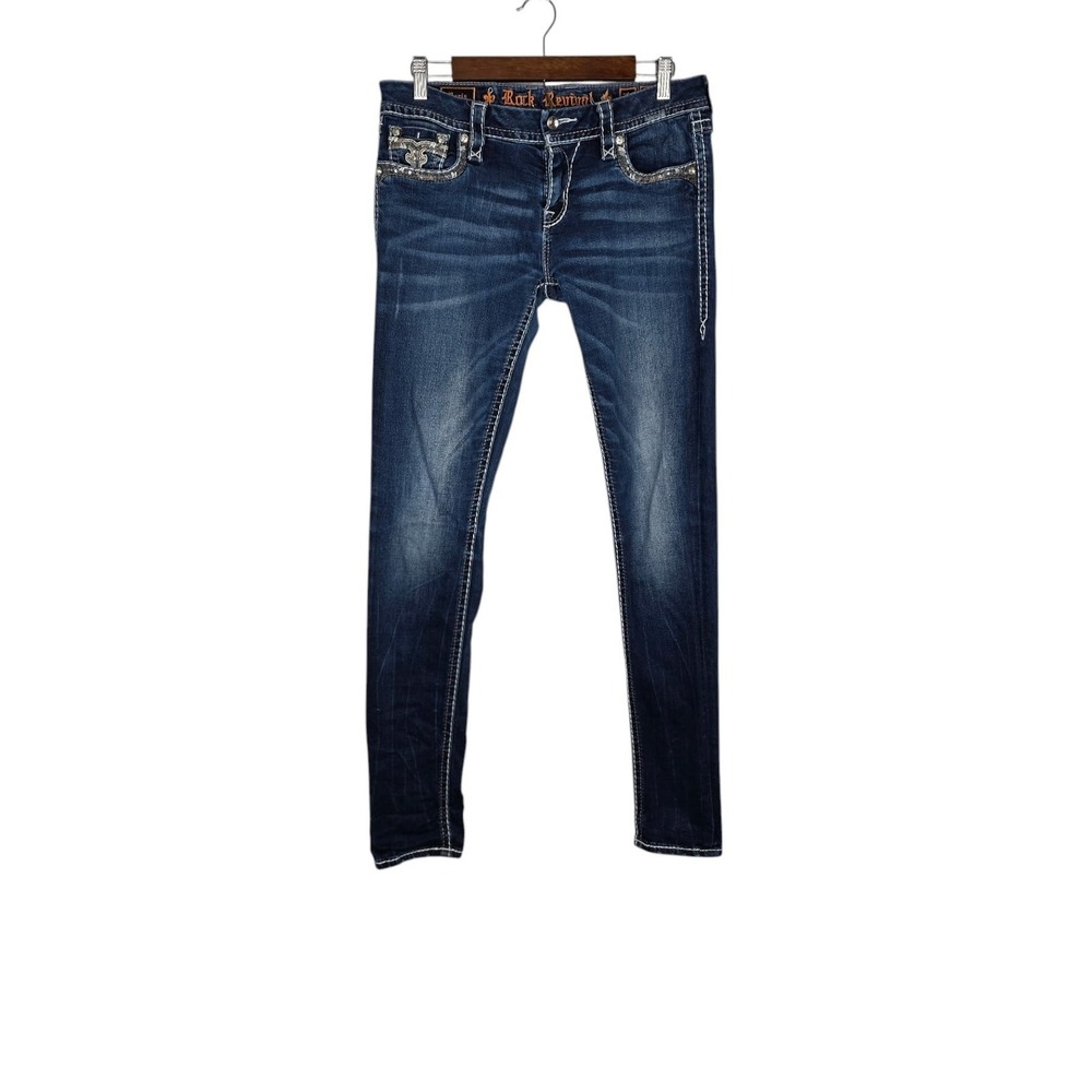 Rock Revival Boris Skinny Jeans Womens 30 Cotton Denim Whiskering Embellished